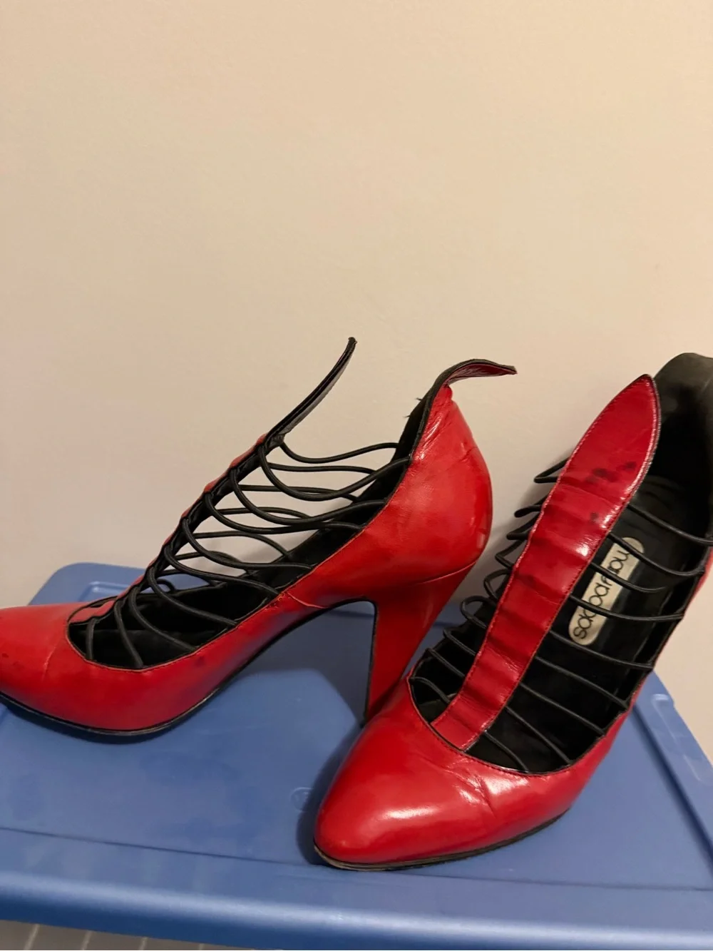 Red Ladder-Strap Pointed-Toe Stiletto Heels